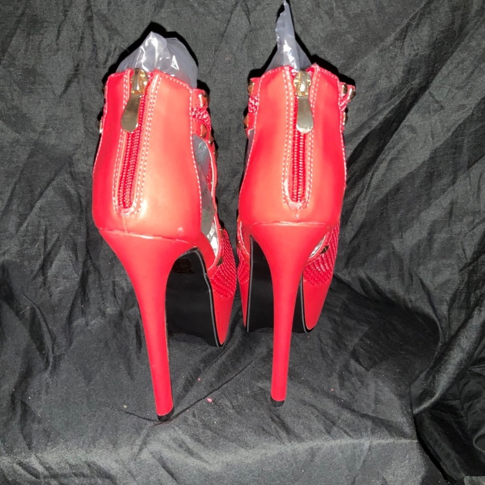 Bold Red Studded Mesh Platform Heels - image 8